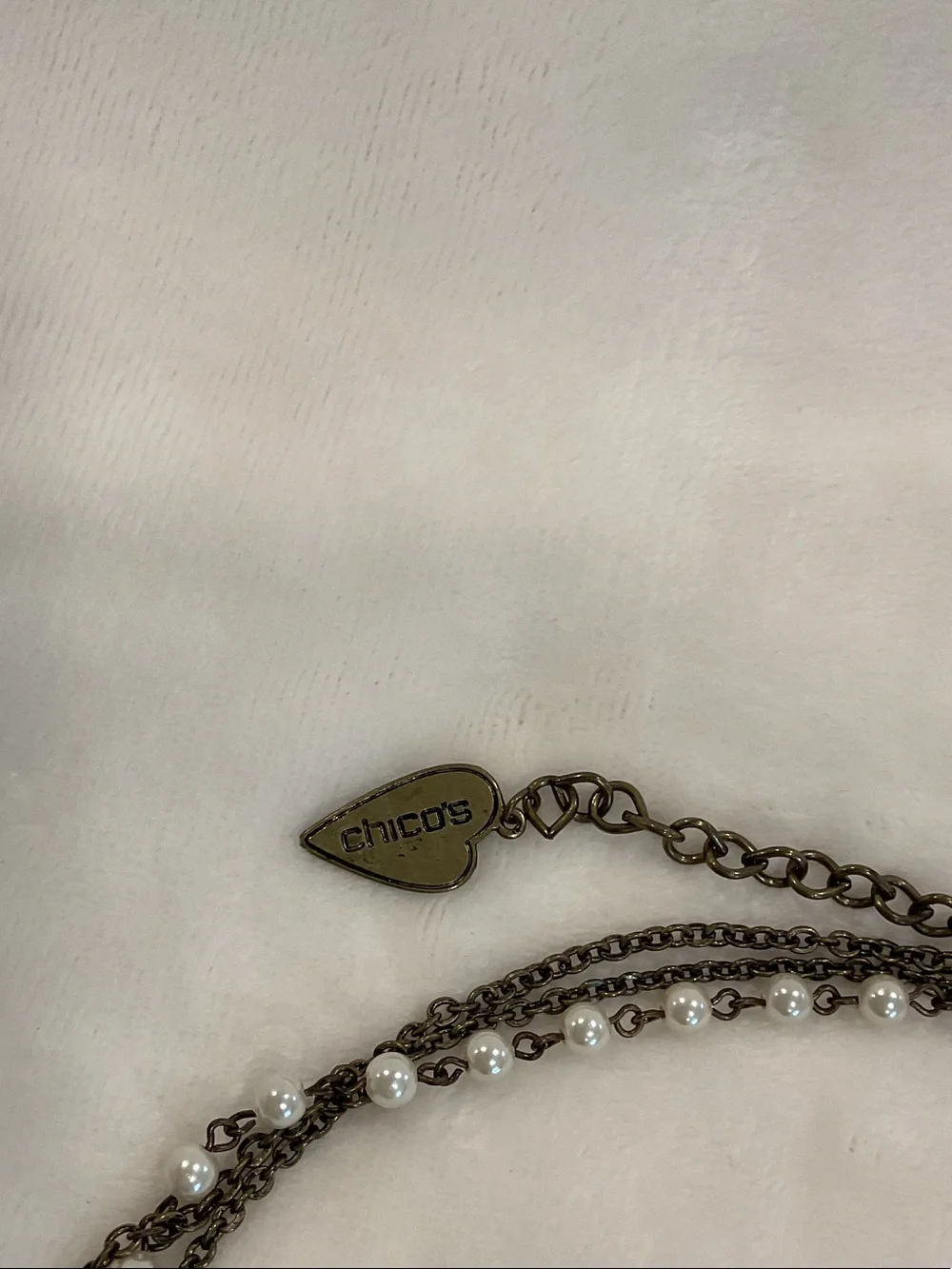 Chico's Cream Pearl Tassel Necklace with Antique Gold Chains